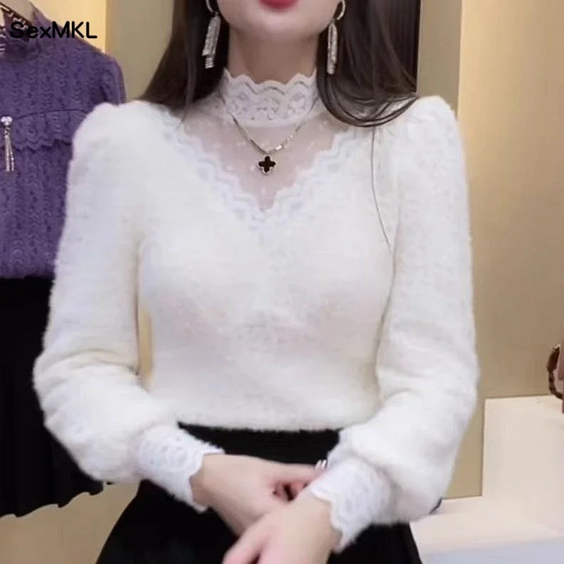 Winter Clothing Factory Outlet - 가을 겨울 레이스 탑 블라우스 여성