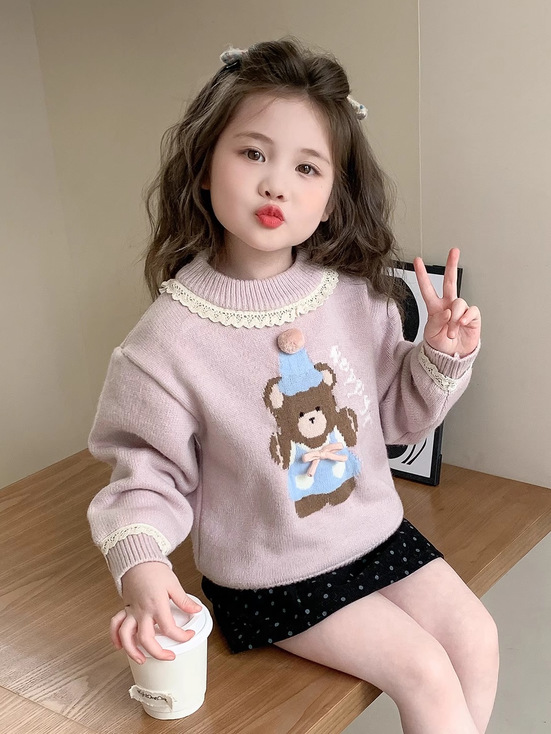 Winter Under Clothing - Sweet Sle Bear 프린트 레이스 소녀