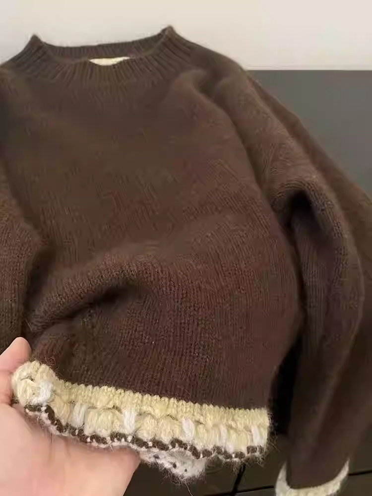 여성용 브라운 패치 워크 풀오버 스웨터 하라주쿠 빈티지 - Winter Clothing Factory Outlet 리뷰 및 가격